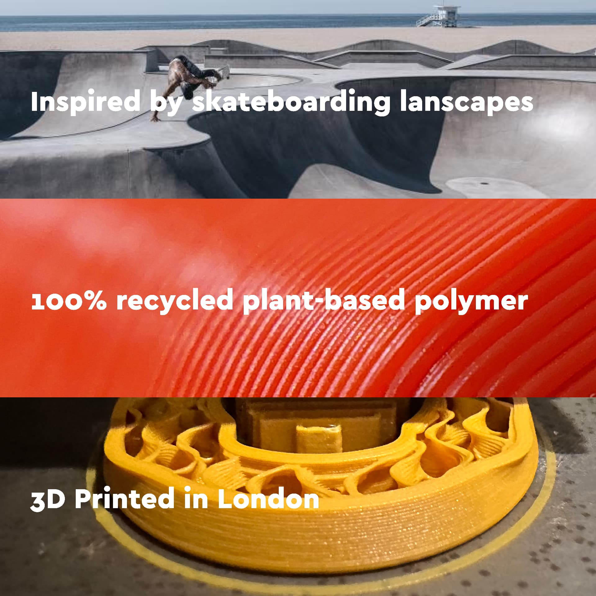 Close-ups of the mount: skate-park inspiration, recycled polymer, 3D printing in London